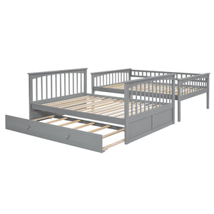 Full over Full Bunk Bed with Twin Size Trundle, Convertible Beds, Gray