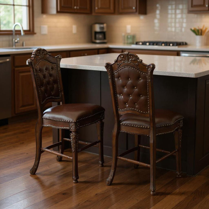 Faux Leather And Solid Wood Counter Height Bar Chairs (Set of 2) - Brown