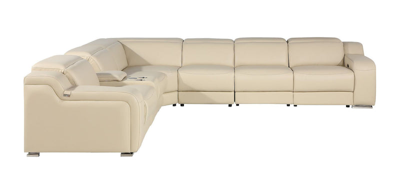 Leather Power Reclining Curved Seven Piece Corner Sectional With Console - Beige