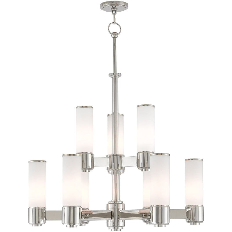 Nine Light Metal Dimmable Chandelier With Shades - Nickel / Opal