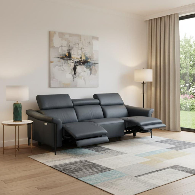 Leather Reclining Wood USB Sofa - Blue