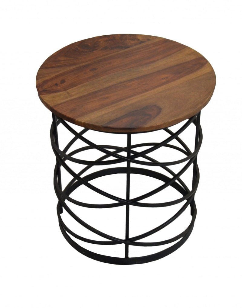 19" Solid Wood And Iron Round End Table - Black And Brown