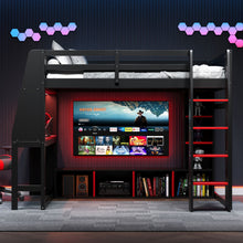 Load image into Gallery viewer, Gaming Loft Bed With Desk, Multi Storage Shelves, LED Lighting, And Hanging Clothes Rack
