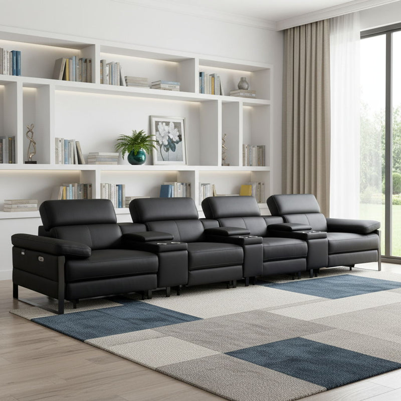 Top Grain Leather Reclining Metal USB Sofa (720350) - Black
