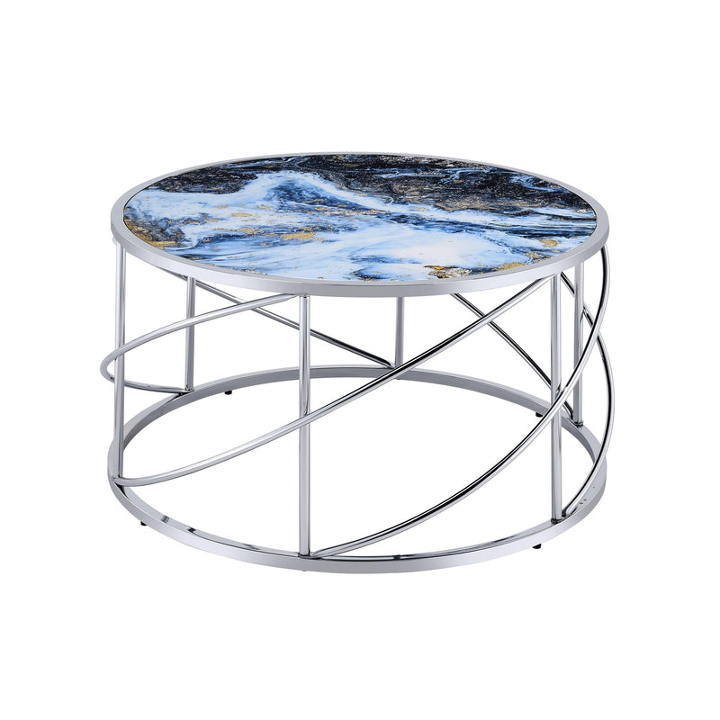 33" Wood And Iron Faux Marble Geometric Frame Round Coffee Table - Blue And Silver