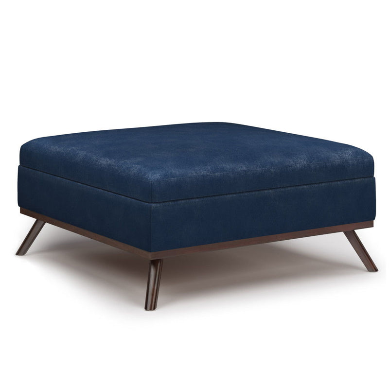 Leather Cocktail Ottoman With Storage - Blue / Brown