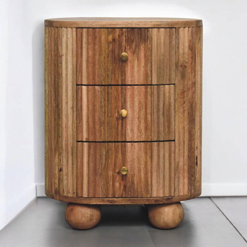 Solid Wood Round Ribbed Texture Three Drawer Nightstand - Oak