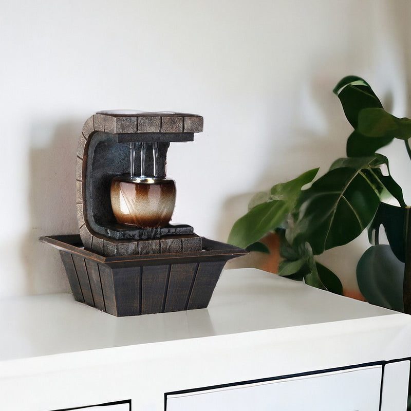Textured Poly Tabletop Fountain With LED Light - Brown