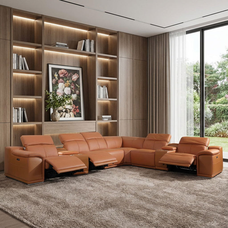 Italian Leather Power Reclining 8Piece Corner Sectional With Console - Camel
