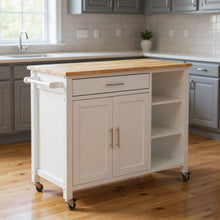 Load image into Gallery viewer, 42" Butcher Block And Iron Rolling Kitchen Cart With Storage - Natural / White
