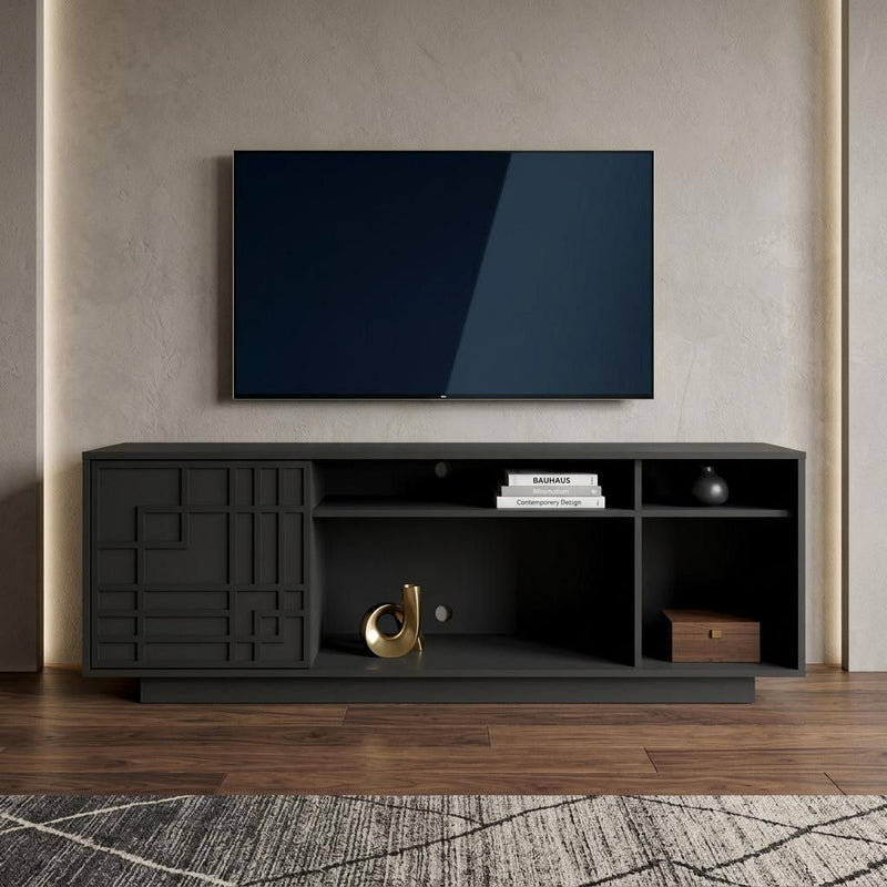 Carved Geometric Wood Enclosed Open Storage TV Stand - Black