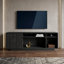 Load image into Gallery viewer, Carved Geometric Wood Enclosed Open Storage TV Stand - Black

