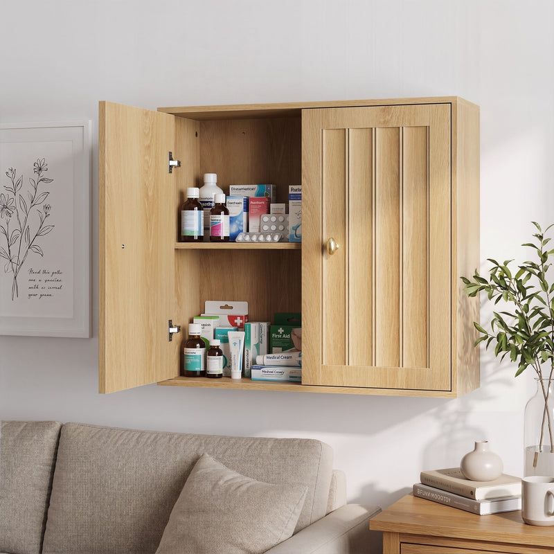 Wall Mounted Bathroom Cabinet With Double Doors And Vertical Grooved Design For Bathrooms - Oak
