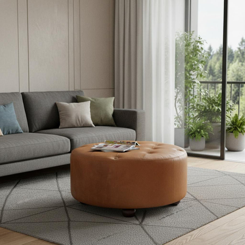 Leather Round Footstool (723464) - Brown