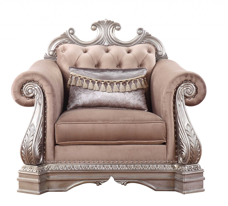 Velvet Tufted Arm Chair And Toss Pillow - Cherry Blossom Pink And Silver