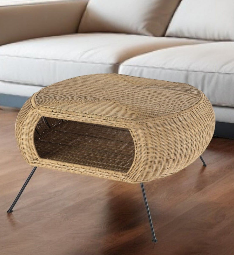 Rattan And Iron Oval Coffee Table With Shelf - Natural And Black