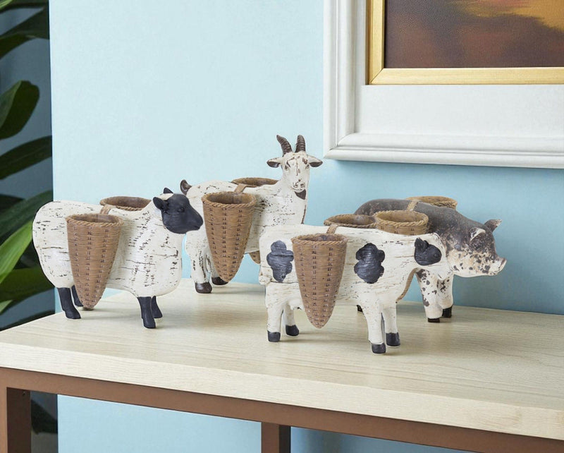 Poly Farm Animal Figurines With Vases (Set of 4) - Black / White