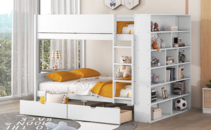 Full over Full Bunk Bed With 2 Drawers and Multi-layer Cabinet, White