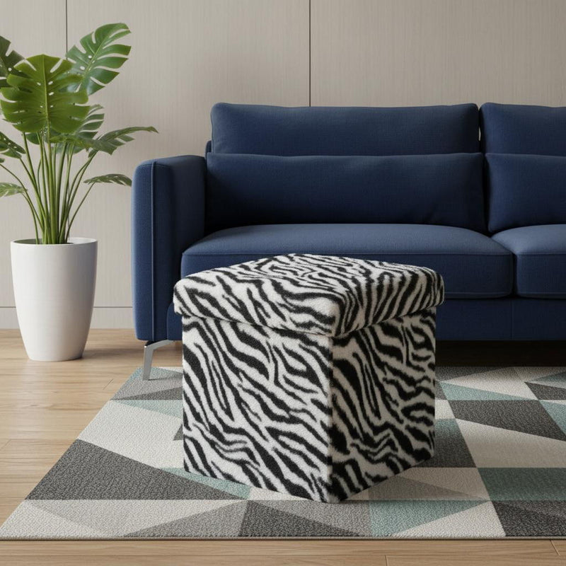 12" Plastic Animal Print Storage Ottoman - White / Black