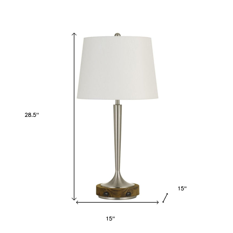 Metal USB Table Lamp With Off-White Empire Shade - Nickel