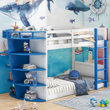 Load image into Gallery viewer, Twin over Twin Boat-Like Shape Bunk Bed with Storage Shelves, White+Blue
