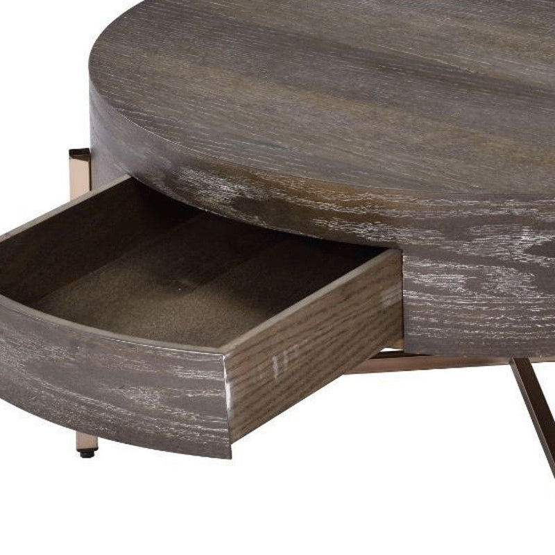 Round Coffee Table With Drawer - Champagne And Dark Oak