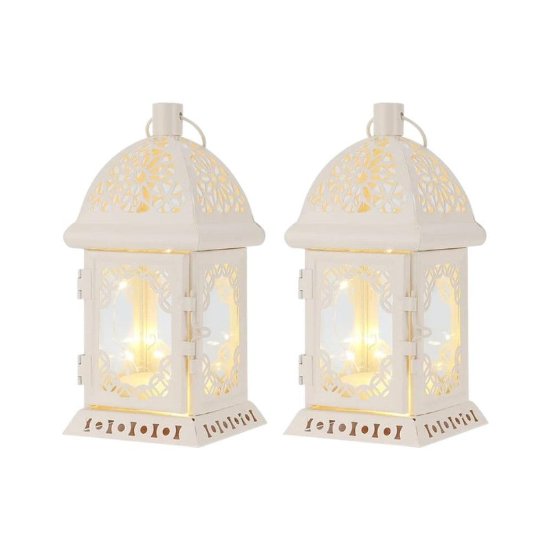 Metal Glass Pierced Scrollwork Lantern Lamps (Set of 2) - White