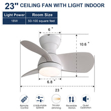 Load image into Gallery viewer, 23" Bedroom Ceiling Fan With 3 Color Dimmable 3 ABS Blades Remote Control Dc Motor With 18W Led Light
