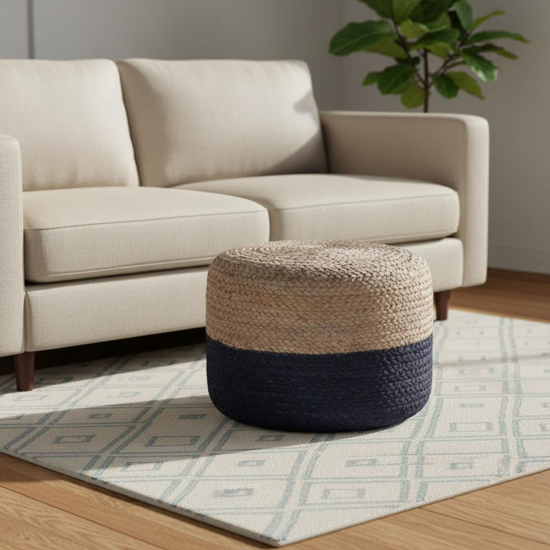 Round Pouf Ottoman - Blue / Beige
