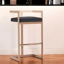 Load image into Gallery viewer, Velvet And Stainless Steel Low Back Bar Height Bar Chair - Black And Rose Gold

