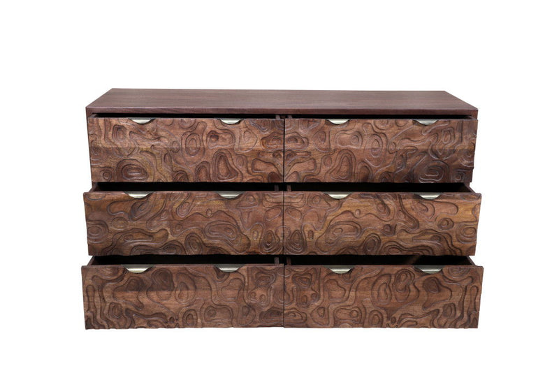 57" Carved Abstract Solid Wood Six Drawer Dresser - Brown