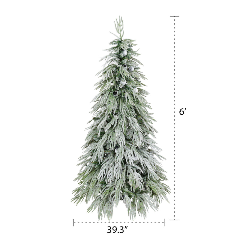 6Ft Pre Lit Spruce Snow Flocked Christmas Tree With LED Lights, Artificial Hinged Xmas Tree - White / Green