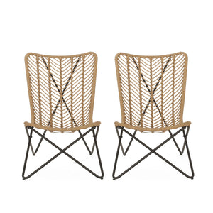 Wicker Chair With Geometric Cross Base, (Set of 2) - Light Brown