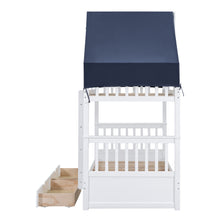 Load image into Gallery viewer, Twin Over Twin Bunk Bed Wood Bed with Tent and Drawers, White+Blue Tent
