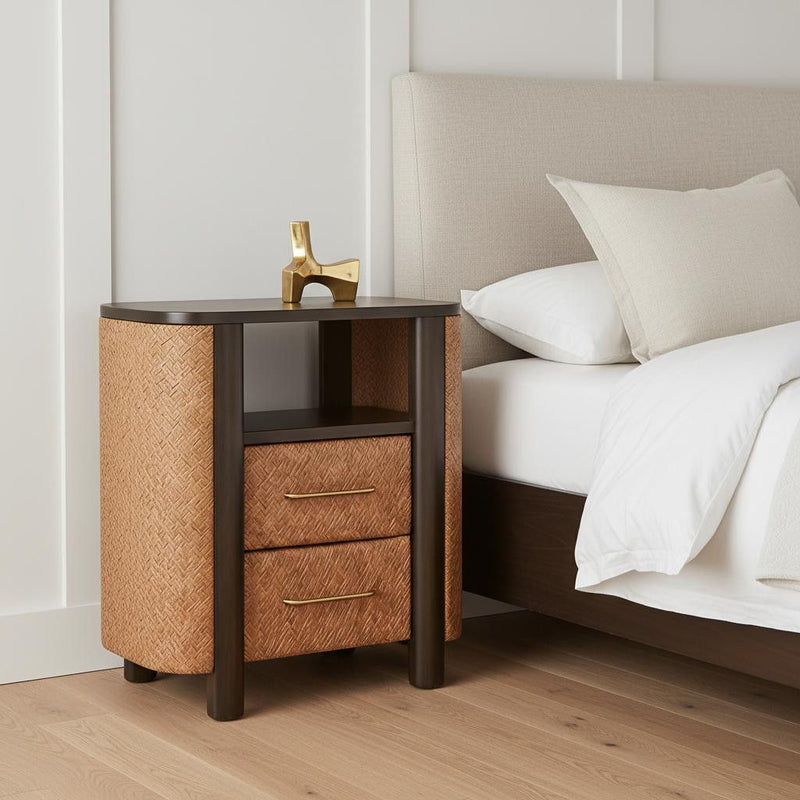 Solid Wood Woven Texture Two Drawer Nightstand - Espresso / Mocha