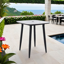 Load image into Gallery viewer, Modern Outdoor Bar Table, Rounded Square Sintered Stone Top With Umbrella Hole, Rust Free Frame, Weatherproof - Ember Black / White
