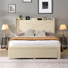 Load image into Gallery viewer, Full Size Bed Frame with 2 Storage Drawers, Upholstered Bed Frame with Wingback Headboard Storage Shelf Built-in USB Charging Stations and Strong Wood Slats Support, No Box Spring Needed, Beige
