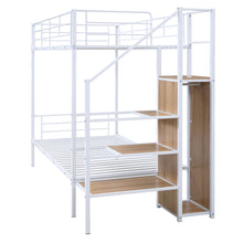 Load image into Gallery viewer, Twin Over Twin Metal Bunk Bed with Lateral Storage Ladder and Wardrobe, White
