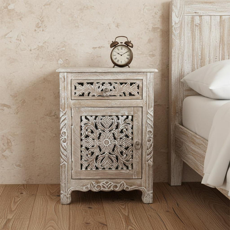 One Drawer Carved Floral Solid Wood Nightstand - Distressed Gray
