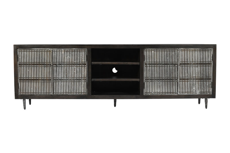 92" Carved Geometric Distressed Solid Wood Enclosed And Open Storage TV Stand - Dark Brown
