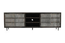 Load image into Gallery viewer, 92" Carved Geometric Distressed Solid Wood Enclosed And Open Storage TV Stand - Dark Brown
