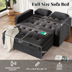 65.7" Velvet Upholstered Sleeper Bed , Pull Out Sofa Bed Couch attached two throw pillows,Dual USB Charging Port and Adjustable Backrest for Living Room Space, Black