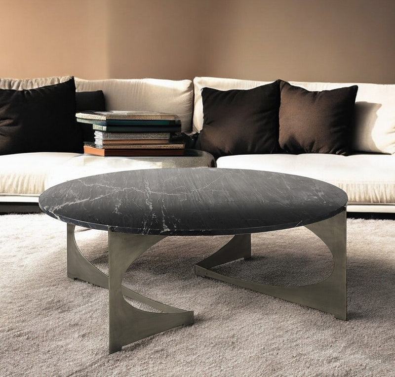 Genuine Marble And Iron Round Coffee Table - Black And Gold