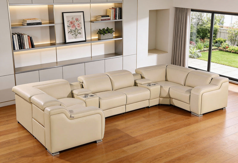 Italian Leather Power Reclining U Shaped 8 Piece Corner Sectional With Console - Beige