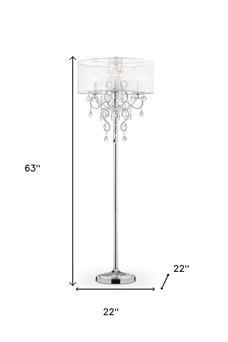 Steel Three Light Candelabra Floor Lamp With Drum Shade - Silver White