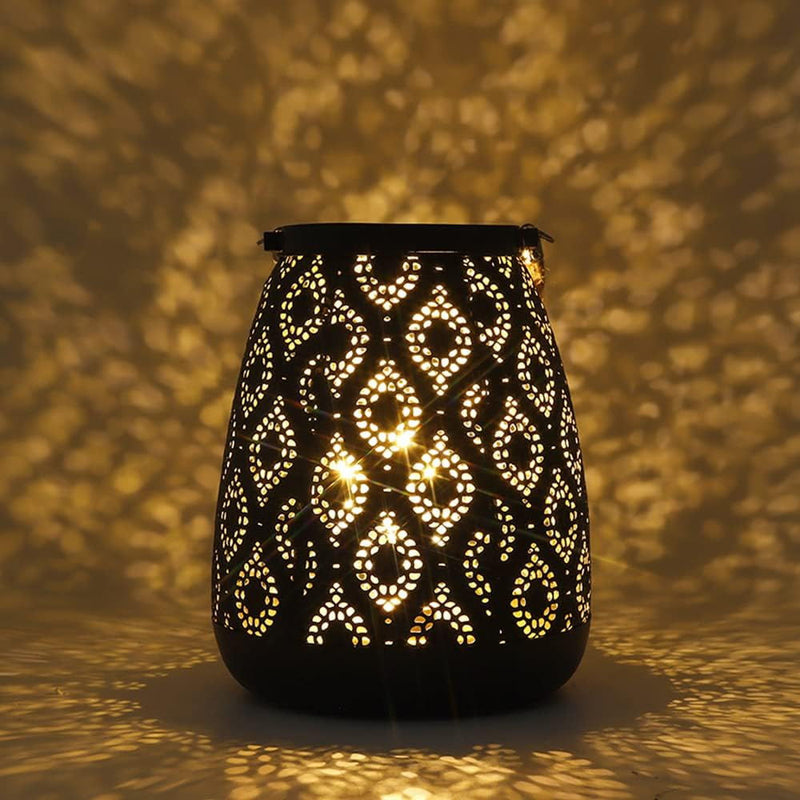 Metal Battery Operated Pierced Geometric Lantern - Black