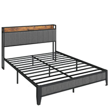 Load image into Gallery viewer, Queen Size Bed Frame with Charging Station, Upholstered Headboard, Metal Platform, Grey
