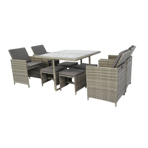 9 Pieces Patio Dining Sets Outdoor Space Saving Rattan Chairs with Glass Table Patio Furniture Sets Cushioned Seating and Back Sectional Conversation Set Grey Wicker + Grey Cushion