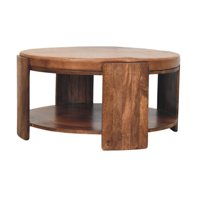 Genuine Leather And Solid Wood Round Solid Coffee Table - Brown