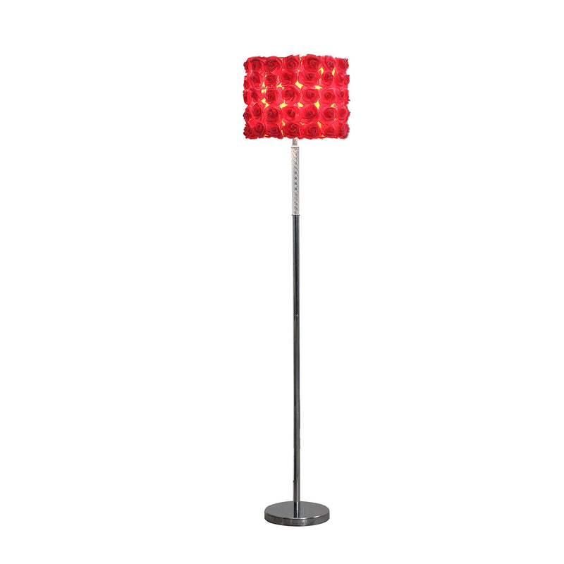 Steel And Acrylic Floor Lamp With Flowers Fabric Drum Shade - Silver Red